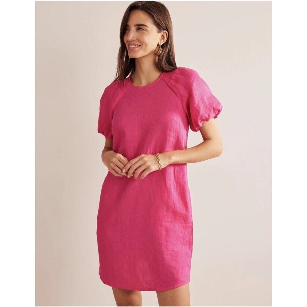 Boden Hot Pink Sleeve Detail 100% Linen Mini Dress New Size 6L Long D0696 Tall